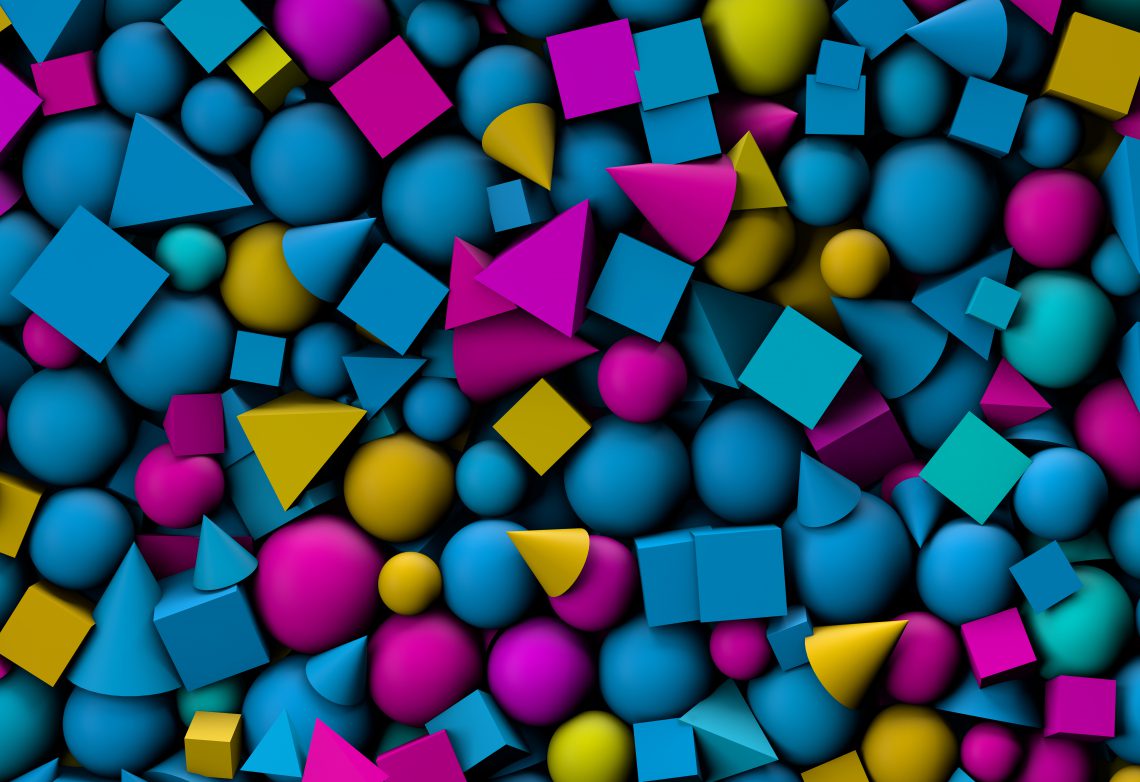 3d illustration texture with geometric shapes, cones, cubes and spheres