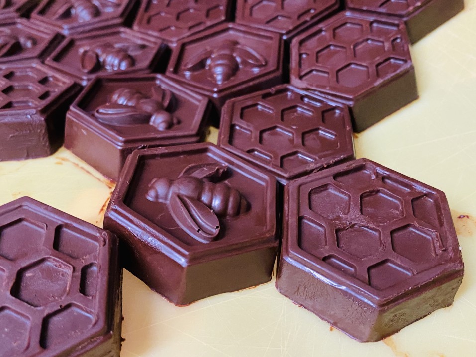 Delicious homemade 3D printed sugar free chocolates shaped as honeycomb