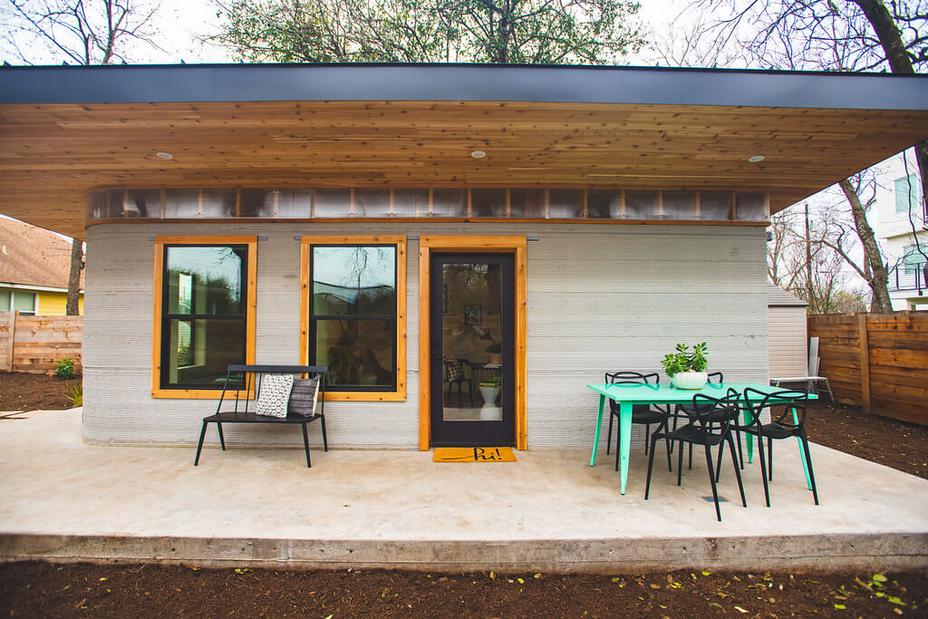 Front entrance of Icon Labs's 3D printed house located in Austin Texas.