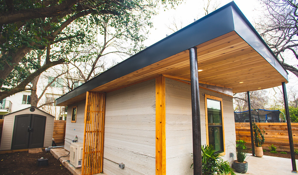Exterior view of Icon Labs 3D printed house located in Austin Texas.